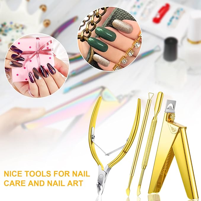 Mudder Acrylic Nail Clippers Kit False Nails Tips Cutter Professional Cuticle Trimmer Nipper Cutter Pusher Remover Stainless Steel Manicure Pedicure Art Tools Set Salon Home(Golden)