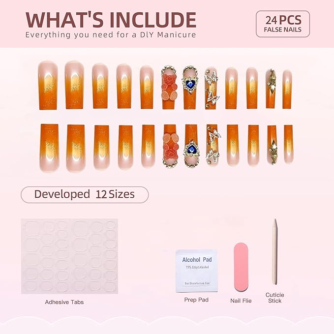 Press on Nails Long Square Fake Nails French Tip Orange Ombre False Nails with Charms Designs Glitter Acrylic Nails for Women 24Pcs