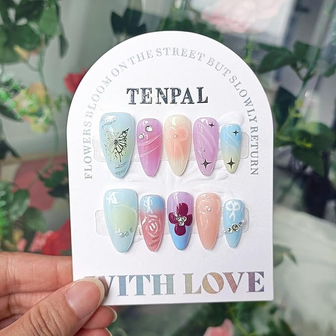 Spring Summer Bright Colorful Press on Nails Almond Acrylic Nails Press Ons with Hand-painted Designs Butterfly Stars Flower Full Cover Glossy Glue on Nails 10pcs/box Cute Almond Nails(S)