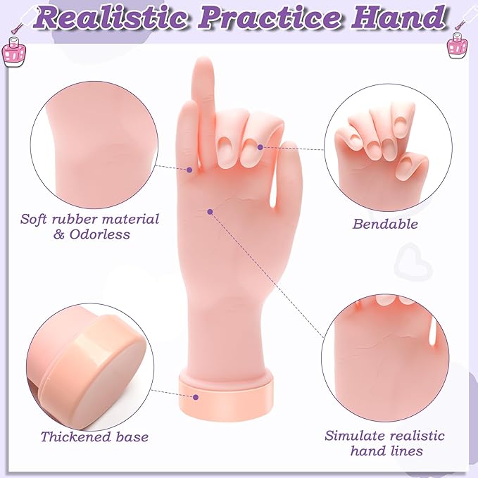 Practice Hand for Acrylic Nails, Nail Practice Hand with 100 Pcs Nail Tips 120 Pcs Double-side Jelly Glue Stickers Bendable Fake Hand Mannequin Hand for Nail Practice Manicure Beginners