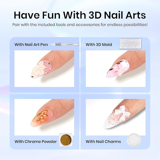 Beetles 3D Nail Art Brushes, Dual-ended Silicone Manicure Tool, Gold Chrome Nail Powder, 15mm Liner Brush, Dotting Tool with Flowers Bowknot Mold, Pearls, for 3D Manicure Design Carving Drawing Effect