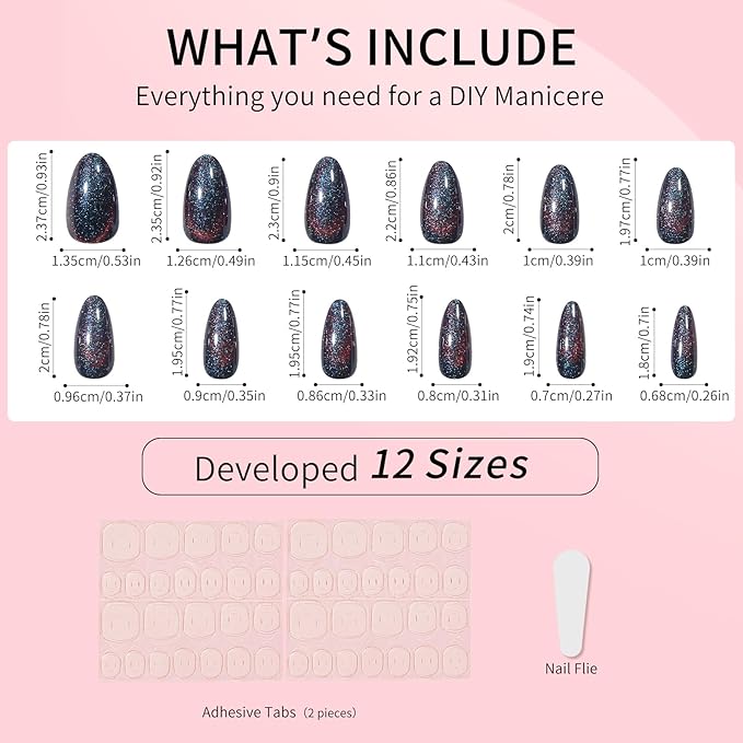 Dark Blue Almond Cat Eyes Press On Nails,12 Sizes - 24 Pcs Soft Gel Blue Medium Fake Nails Kit with Nail Glue, Natural Reusable Stick On False Nails for Women and Girls SK1008