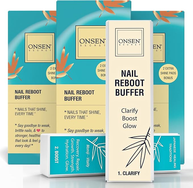 Onsen Secret Professional Nail Buffer Block | 4-Way Buffing for Natural Shine & Healthy Natural Nails - Includes 2 Extra Shine Pads, Salon-Quality, Post-Gel & Acrylic Recovery | 3 Pack