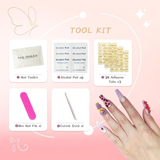 Flower Press on Nails Handmade Medium Long Square Muti-Layer Gel Fake Nails Gradient Floral 3D Waterdrop Pattern Design Multicolor Thick False Nails Acrylic Nails for Women