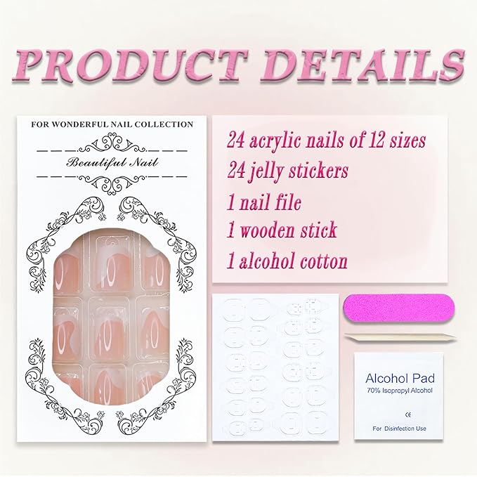 White French Tip Press on Nails Short Square MABKJLF Nude Fake Nails False Nails with Irregular Curve Line Designs Glossy Glue on Nails Acrylic Nails for Women Girls 24Pcs