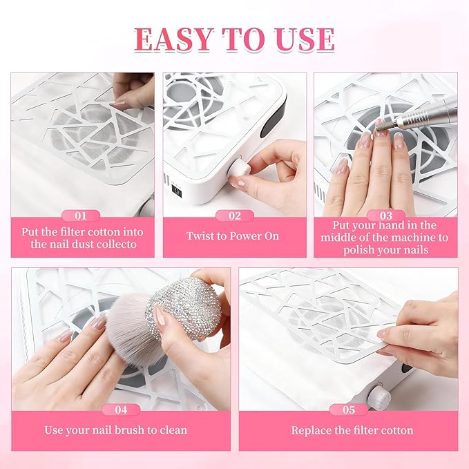 Nail Dust Collector, 6000RPM Rechargable Dust Collector Nail Tech with 30Pcs Reusable Filters, Protable Nails Vacuum Fan Dust Collector Powerful Suction for Beginner Nails Salon & Home