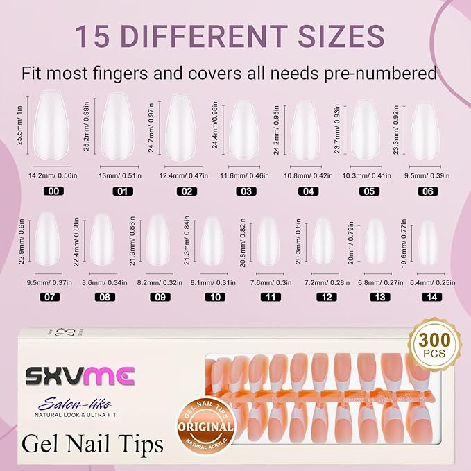 Long Coffin French Tip Press on Nails - 300Pcs Pre-applied Tip Primer, Natural Nude Pink Fake Nails Extensions, White French Nail Tips, Gel Nail Kit for Women Girls DIY