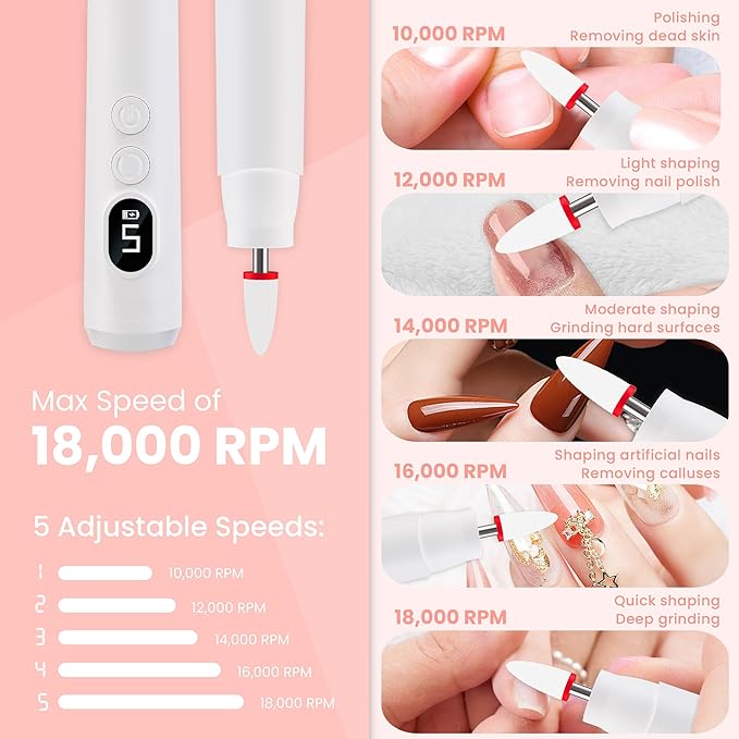 Cordless Electric Nail Drill Kit, Portable Rechargeable Nail Drill Set, Battery Electric Nail File, 5 Speeds Modes, LED Lighting, Reversible Direction, DIY, Professional (White)