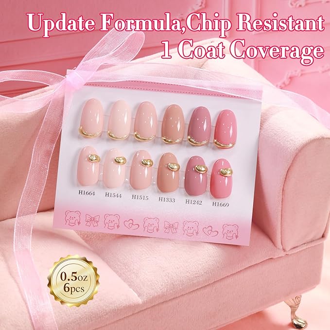 Double Rhythm 6 Pcs Hema Free Gel Polish Set 0.50 OZ Same Color Same Bottle Soak Off Neutral Natural Milky Gel Polish Kit Nail Art Manicure Salon DIY at Home (Nude Pink Beige-H6-1)