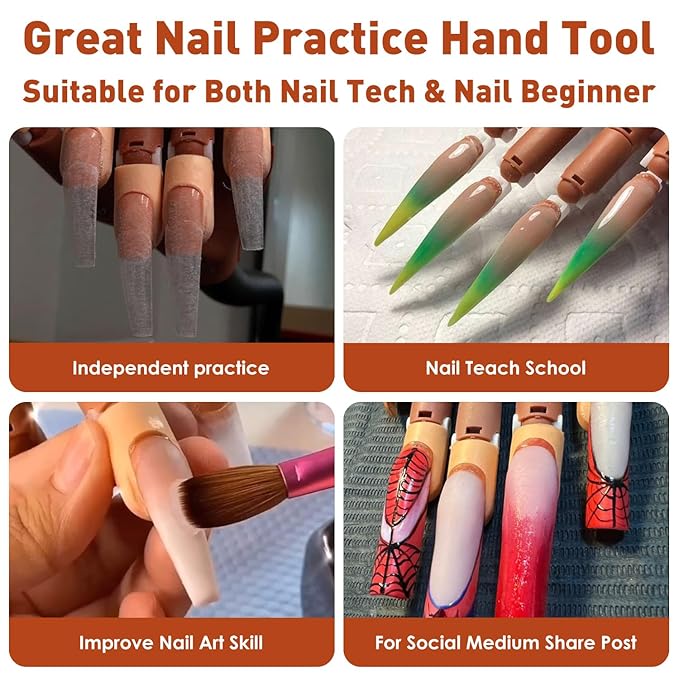 Acrylic Nails Practice Hand Kit, BORNBYME Nail Training Adjustable Finger Kits with 200 PCS Nail Tips, Nail File, Nail Brush and Nail Clipper
