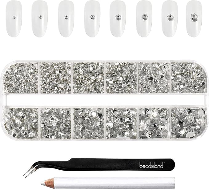 Beadsland Rhinestones for Makeup,8 Sizes 2500pcs Crystal Flatback Rhinestones Face Gems for Nails Crafts with Tweezers and Wax Pencil,Clear,SS4-SS30