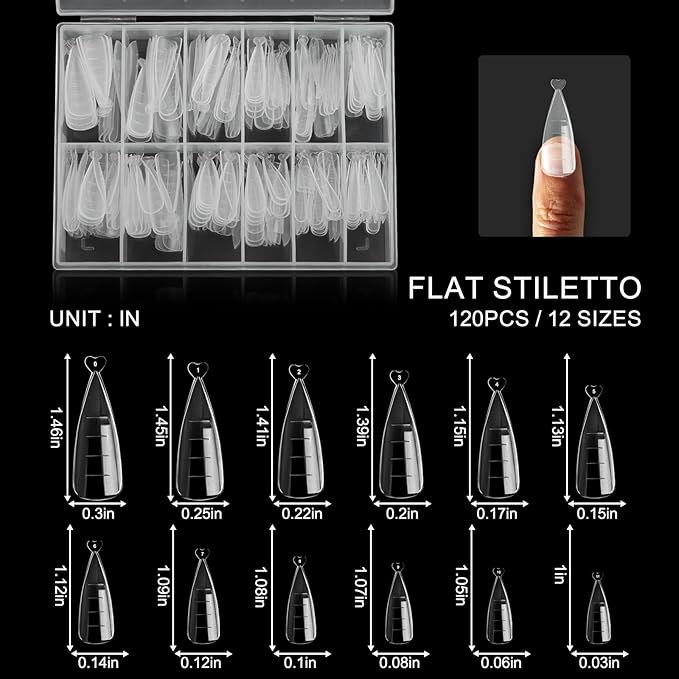 120Pcs Dual Nail Forms, Flat Stiletto Extension Poly Gel Molds - 12 Sizes Full Cover Reusable for Solid Gel, Glue Art Design - Salon & DIY