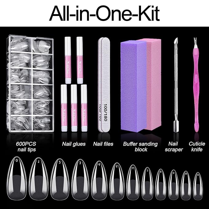 Almond Nail Tips, MORGLES 600Pcs Long-Lasting Soft Gel Nail Tips Medium Full Cover, 12 Sizes with Glue, Files and Cuticle Fork