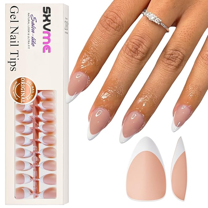 Gel French Tip Nails Short Almond French Tip Press on Nails SXVME White French Nail Tips 300Pcs Pre-applied Tip Primer Natural Brown Fake Nails Extensions Gel Nail Kit for Women Girls DIY