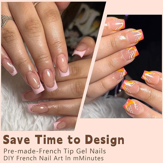 150Pcs French Tip Press On Nails Long Square Soft Gel Nails in 5 Color Charm Design, 3-in-1 Seamless Design with High Elasticity,DIY Soak Off Fake Nails for (Multicolor 08)