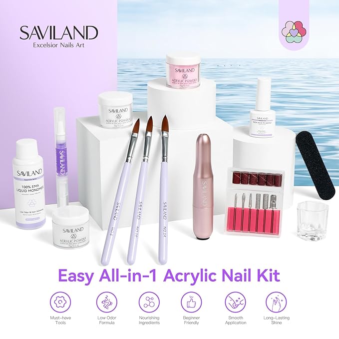 SAVILAND Acrylic Nail Kit with Drill: Beginner Nail Kit with Keratin Colored Acrylic Nail Powder, MMA-free Monomer Liquid, Primer, Brushes, Forms & Tools for DIY Nail Art Extension Home Use