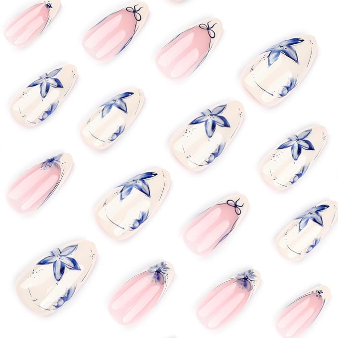 French Short Press On Nails Almond, Nude Fake Nails with Warm Lvory French Tip and Graceful Blue Floral Petal Design, Glossy Gel Finish Acrylic Nails, Natural Reusable Glue On Nails Kit for Women