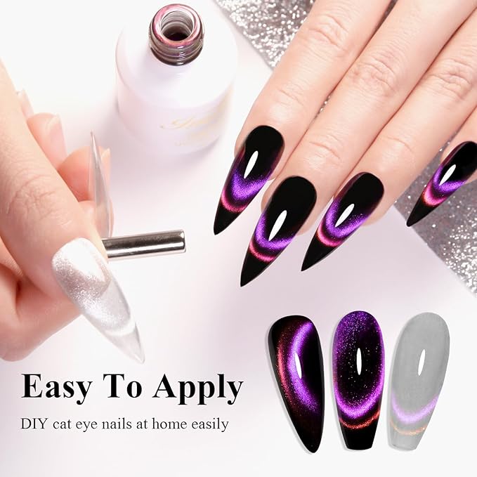 Imtiti Cat Eye Gel Nail Polish, 15ML Pink and Purple Two Flashes Glitter Cat Eye Gel Polish with Magnet UV LED Magnetic Gel Nail Polish Dopamine Iridescent Sparkly Home DIY Manicure Nail Salon Kit