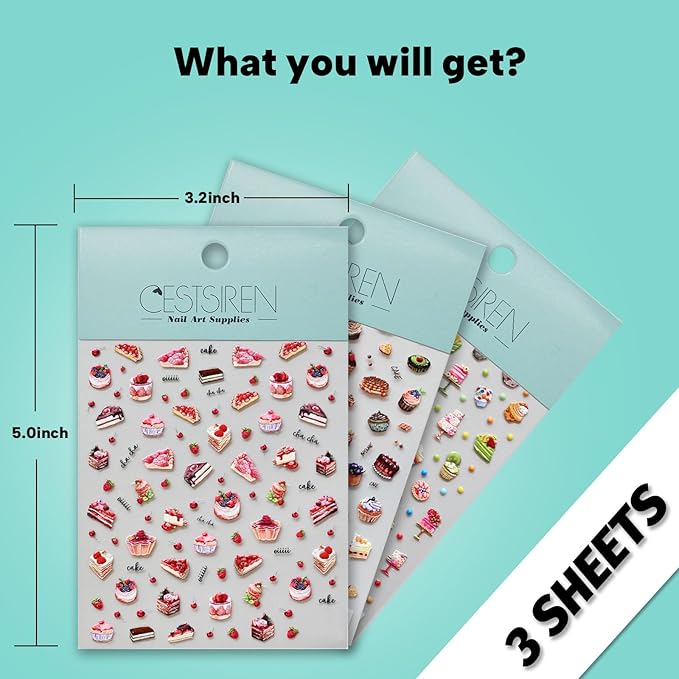 Cute Birthday Nail Stickers, 3D Cake Dessert Nail Decals, Self-Adhesive Nail Accessories & Supplies, Durable & Long-Lasting 3 Sheets