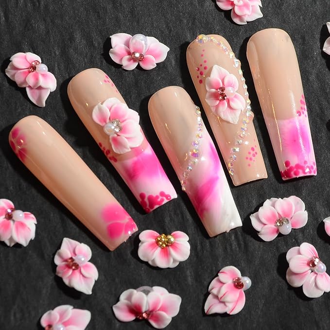 30PCS 3D Handmade Flower Nail Art Charms Advanced Handcrafted Cherry Blossom Flower Colorful Sculpted Floral Nails with Rhinestone Caviar Beads Design for Women Profession Nail Art Craft Jewelry