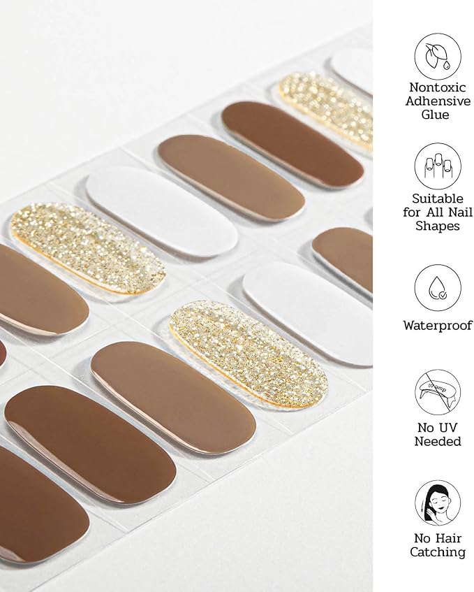 Nail Polish Strips (No UV Lamp Needed) - 22 Pcs Salon Quality Gel Nail Stickers - Long Lasting Wraps (Sepia Tone Brown)