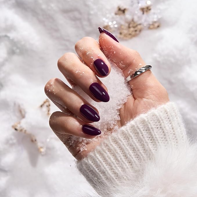BTArtbox Press On Nails Short - Poison Potion, Dark Purple Almond Press On Nails with Glue for Women, Winter Opaque Soft Gel Glue On Nails in 16 Sizes - 32 Stick On Nails Kit