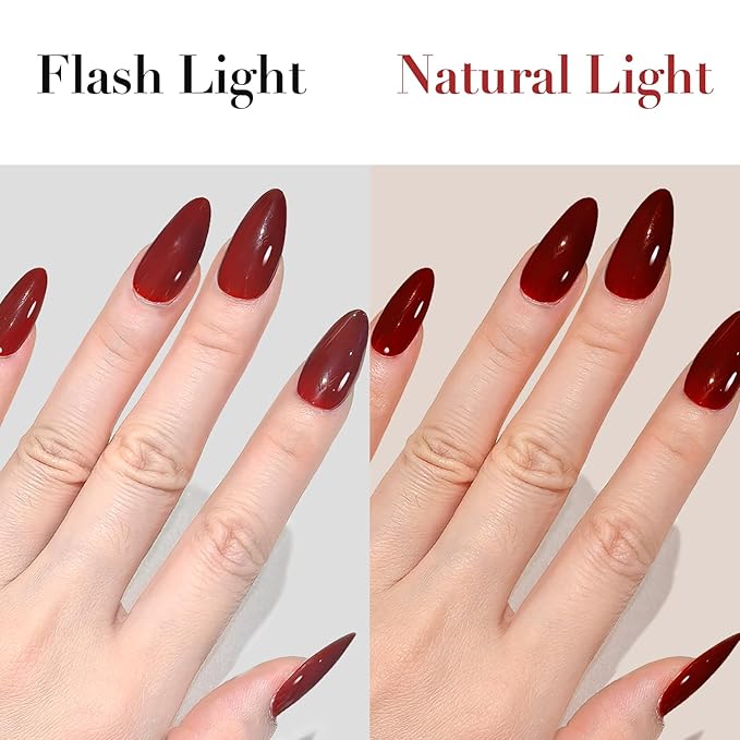 GLAMERMAID Cherry Red Press on Nails Medium Almond, Handmade Jelly Soft Gel Dark Red Glue on Nails Stiletto, Burgundy Emo Fake Nails Short Oval, Reusable Acrylic Stick on False Nails Kit for Women
