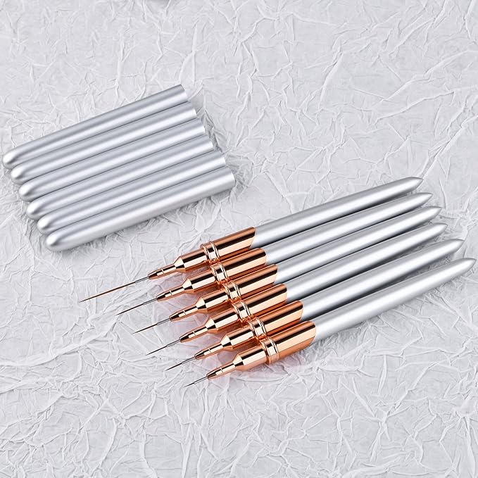 Yasterd 6pcs Nail Art Brushes Liner Striping Brush Set Nail Art Long Striper Pen, Nylon Bristles, Silver Metal Handle, 5/7/9/11/15/25mm
