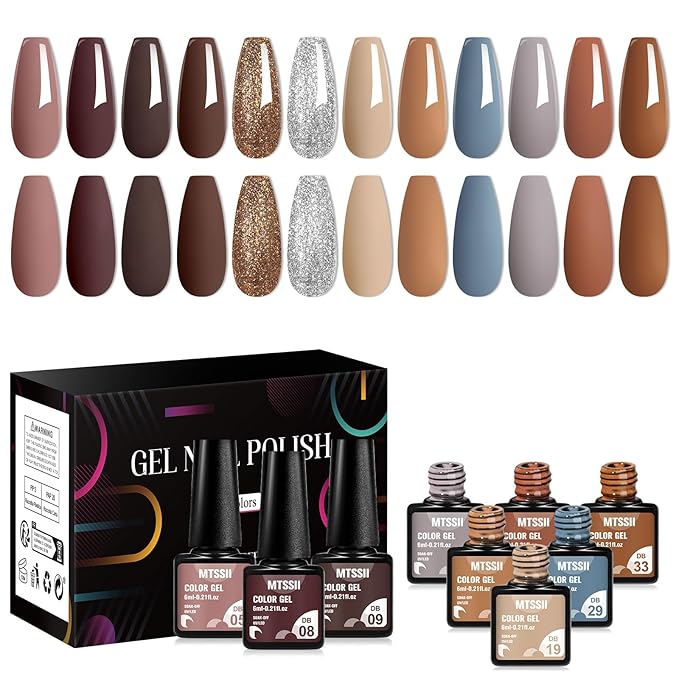 MTSSII Gel Nail Polish Set 12 Colors Nude Brown Skin Tones Neutral Gel Polish Dark Tan Taupe Khaki Gold Silver Nail Polish Fall Winter Soak Off French Nail Art Manicure DIY Home Salon Gift