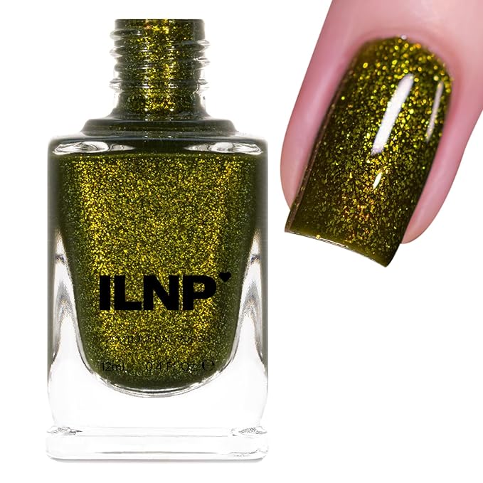 ILNP Olive Grove - Rustic Army Green Shimmer Nail Polish, Chip Resistant Manicure, Non-Toxic, Vegan, Cruelty Free, 12ml
