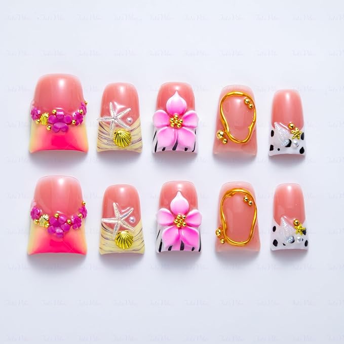 10 Pieces Luxury Acrylic Press On Nails Short Handmade Duck Nails, Pink Thickened False French Nails, 3D Flowers, Conch Shells And Starfish, Reusable Fake Nails, Acrylic Nails (S)