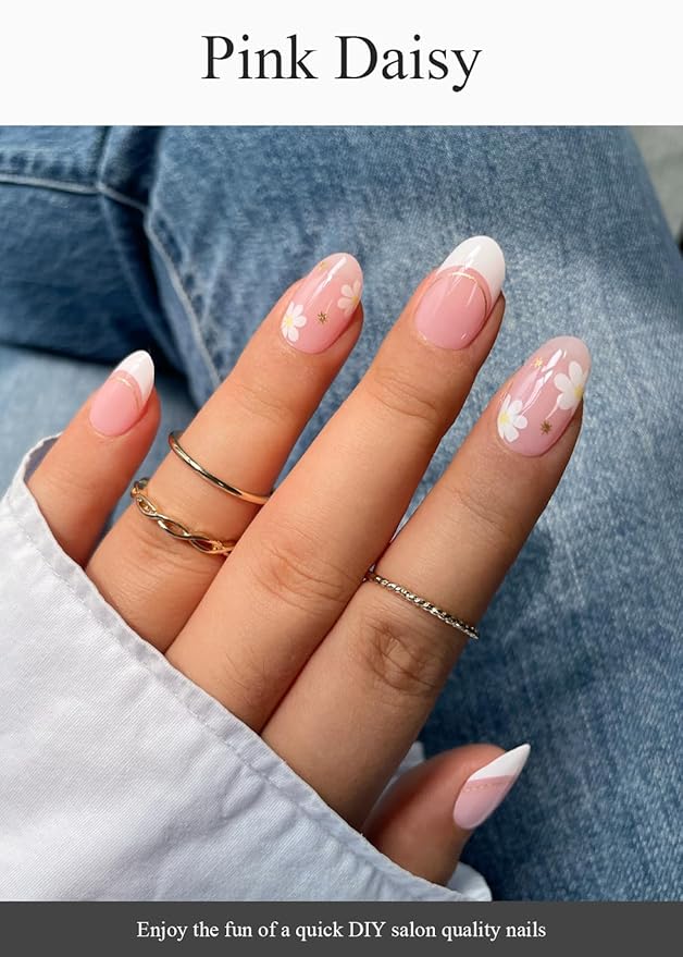 Semi Cured Gel Nail Strips (Pink Daisy), French, 20 Pcs Gel Nail Wraps, Stickers, UV Light Required, Salon Quality, Long Lasting