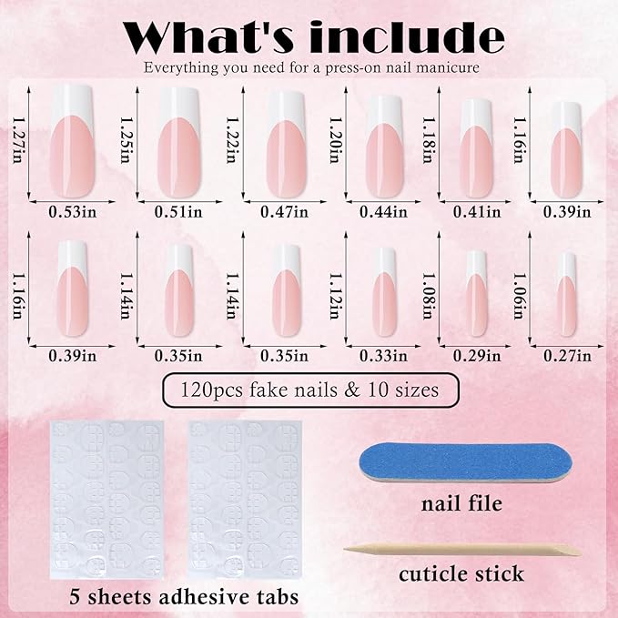 AddFavor 120pcs White French Tip Press on Nails Long Square Fake Nails Nude False Nails XL Long Tapered Square French Press ons Nail Acrylic Artificial Nail with Adhesive Tab for Women Girls