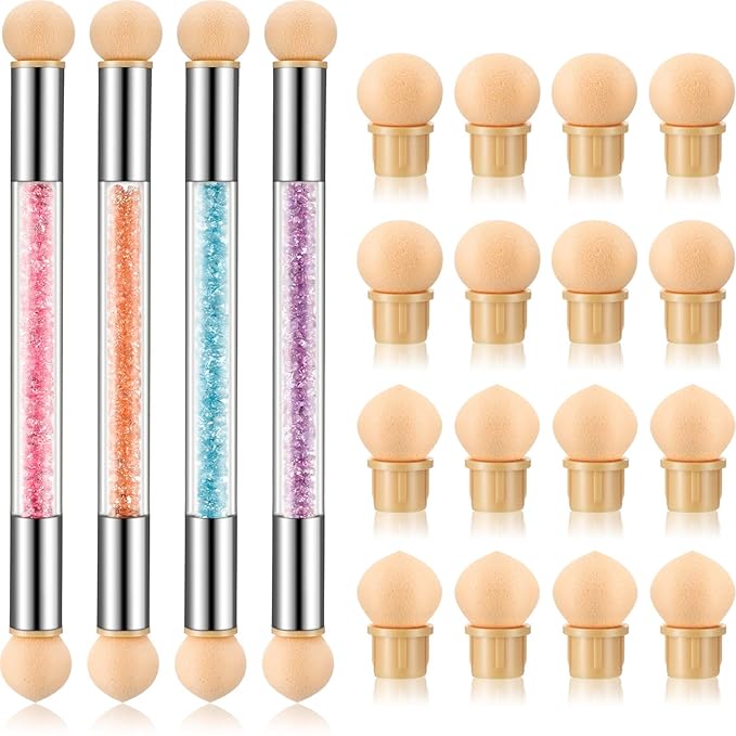 Maitys 4 Pcs UV Gel Gradient Sponges Pens with 16 Pcs Replacement Head Nail Sponges for Ombre Double Head Brush for Nail Art Manicure DIY Tools(Pink, Purple, Champagne, Blue)