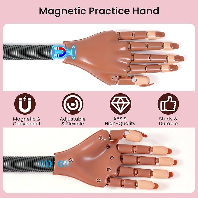 Rolybag Practice Hand for Acrylic Nails, Flexible Nail Practice Hands, Mannequin Hand for Nails Kit for Beginners, Movable Fake Hand with 200PCS Replacement Nail Tips