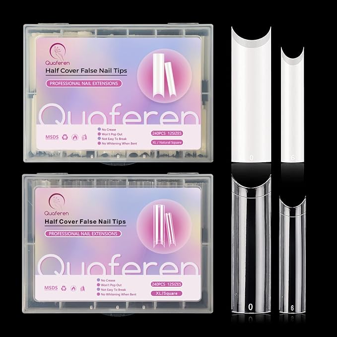480PCS XL Extra Long C Curve Nail Tips, 2 Packs Natural and Clear Acrylic Nail Tips for Acrylic Nails Professional Set, Half Cover Square Straight Press on False Nail Tips for Nail Art 12 Sizes Box