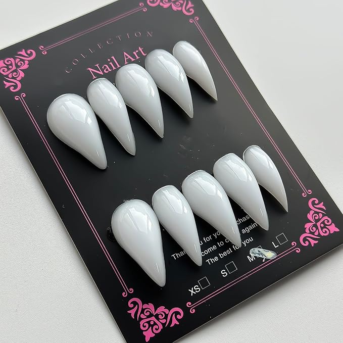 Luxury Press on Nails Medium Stiletto Handmade Eagle Claw Unique Reusable ABS Material White Fake Nails Cat Claw False Nails with Solid Colour Designs Glossy Glue on Nail Curved Thick Acrylic Nail(M)