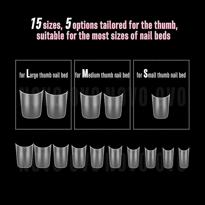 NOVO OVO Halloween Extra Thick Short Duck Feet Nail Tips with Moon Curve Full Cover Press on Acrylic, Clear Pre-Etched Matte Flare Wide French Soft Gel Fake False Nail Extension x 15 Sizes 240 pcs