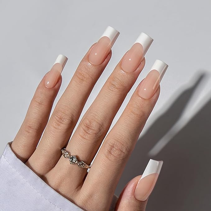 BTArtboxnails Nail Tips and Gel Glue Kit - French Tip Press on Nails Long Square XCOATTIPS Nail Kit, Include Glue, Builder Gel, Top Coat, Nail Lamp Nail Extension