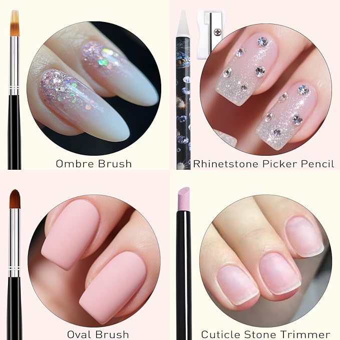 LIGHT RAIN 34Pcs Nail Art Brush Set - Complete Kit with Dotting Tool, Liner Brushes, Acrylic Brushes, Ombre Brush, Cuticle Tool, Rhinestone Picker Pencil for Beginner to Pro Nail Design