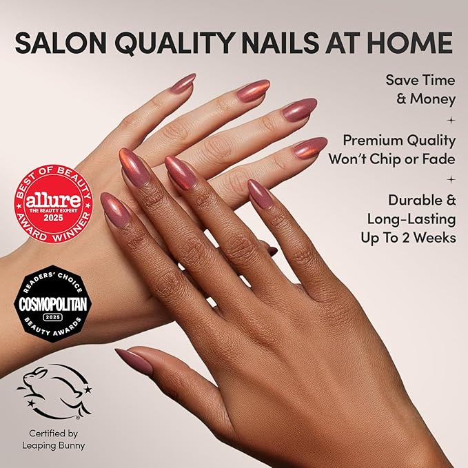 Glamnetic Press On Nails - Rose Fake Nails | Short Almond Rosy-Pink Nails with a Mesmerizing Metallic Finish | 15 Sizes - 30 Nail Kit with Glue
