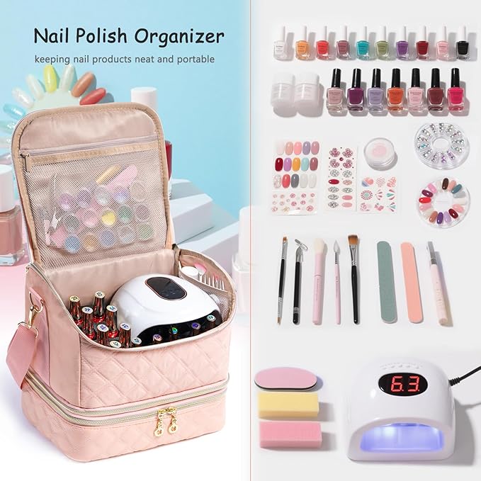 2-in-1 Nail Polish Organizer Case – Holds 48 Bottles, Nail Supplies & Manicure Tools – Portable Nail Tech Storage Bag with Removable Slots, Travel Nail Kit Carrying Case