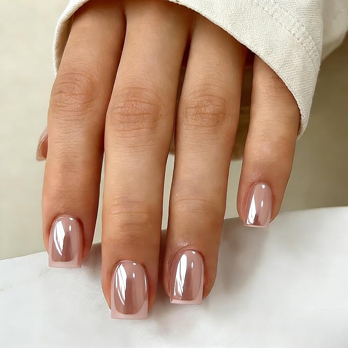 Chrome Peach Pink Press on Nails Short Square, Glazed Short Fake Nails with Sparkle Mirror Design, Shiny Glitter Glue on Nails with Glue, Cute Gel Nail Press ons for Fingernail 30 Pcs