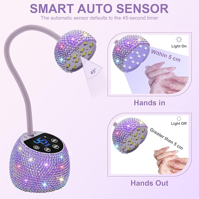CGBE UV LED Nail Lamp, 36W Mini Cordless Flash Cure Lamp, USB Rechargeable Goosenecks LED Nail Light with 4 Timers & Auto Sensor for Salon Home DIY Use, Purple Diamond