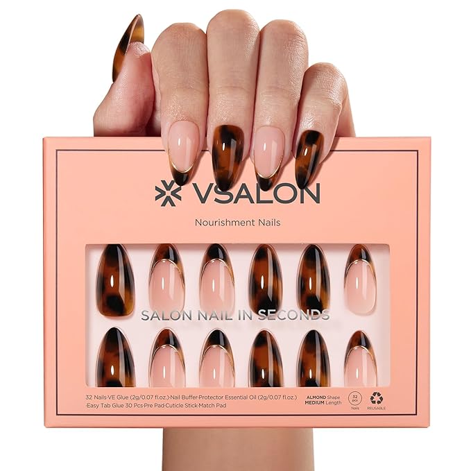 VSALON Press on Nails Medium Almond - Tortoise Shell French Tip Glue On Nails Kit for Women, Opaque Salon Quality Fake Nails - 32 PCS Stick on Nails in 16 Sizes with Glue & Cuticle Oil