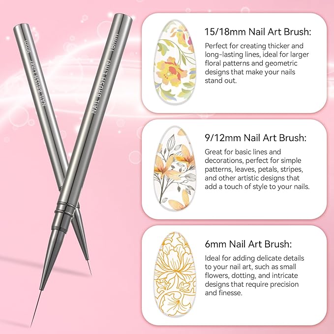 5Pcs Nail Art Liner Brushes For Gel Polish, Detail Painting Design Fine Lines Drawing Brush Set With Cap Metal Handle Home DIY Salon Manicure Tools Women Gifts, 6/9/12/15/18mm