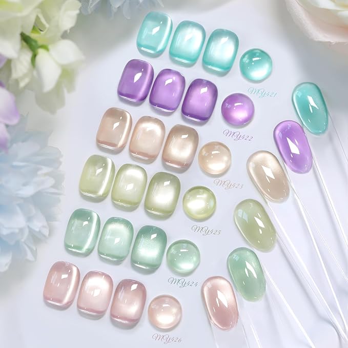Born Pretty Spring Summer Cat Magnetic Eye Gel Nail Polish Set,6 Colors Shimmer Glitter Pink Green Purple Crystal Glass Magnetic Gel Polish, U V Gels for Nail Art Manicure DIY at Home 7ML