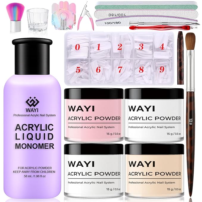 WAYI Professional Acrylic Nail Kit – 58ml Monomer + 4-Color Acrylic Powder, 500 White French Nail Tips, Clipper, Brush & Full Tool Set for Extensions & Sculpting