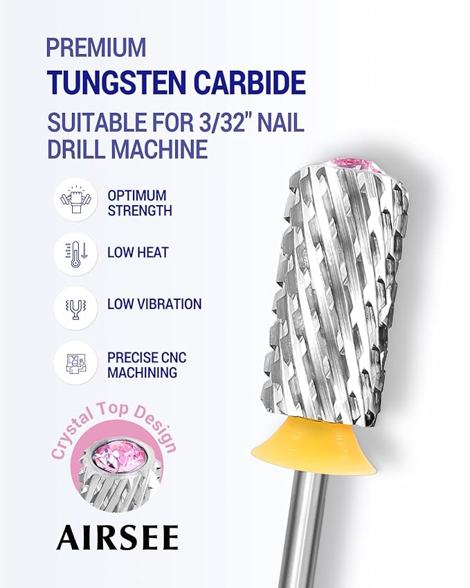 AIRSEE Tungsten Carbide Acrylic Nail Drill Bit Efile Electric File Machine Head Tip for Manicure Polishing Art Remove Gel 3/32" 2 Way Beginner Safety Pink Crystal Top Barrel 2X Coarse-2XC