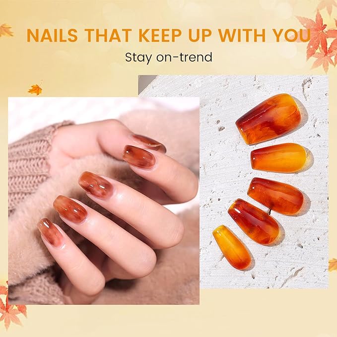 6PCS 18ml Fall Gel Nail Polish Set- Hema Free Amber Chic Jelly Soak off Gel Polish Set with Swatch Board - Yellow Red Brown Translucent Gel Colors Nail Art Manicure Salon DIY at Home for Women Girl